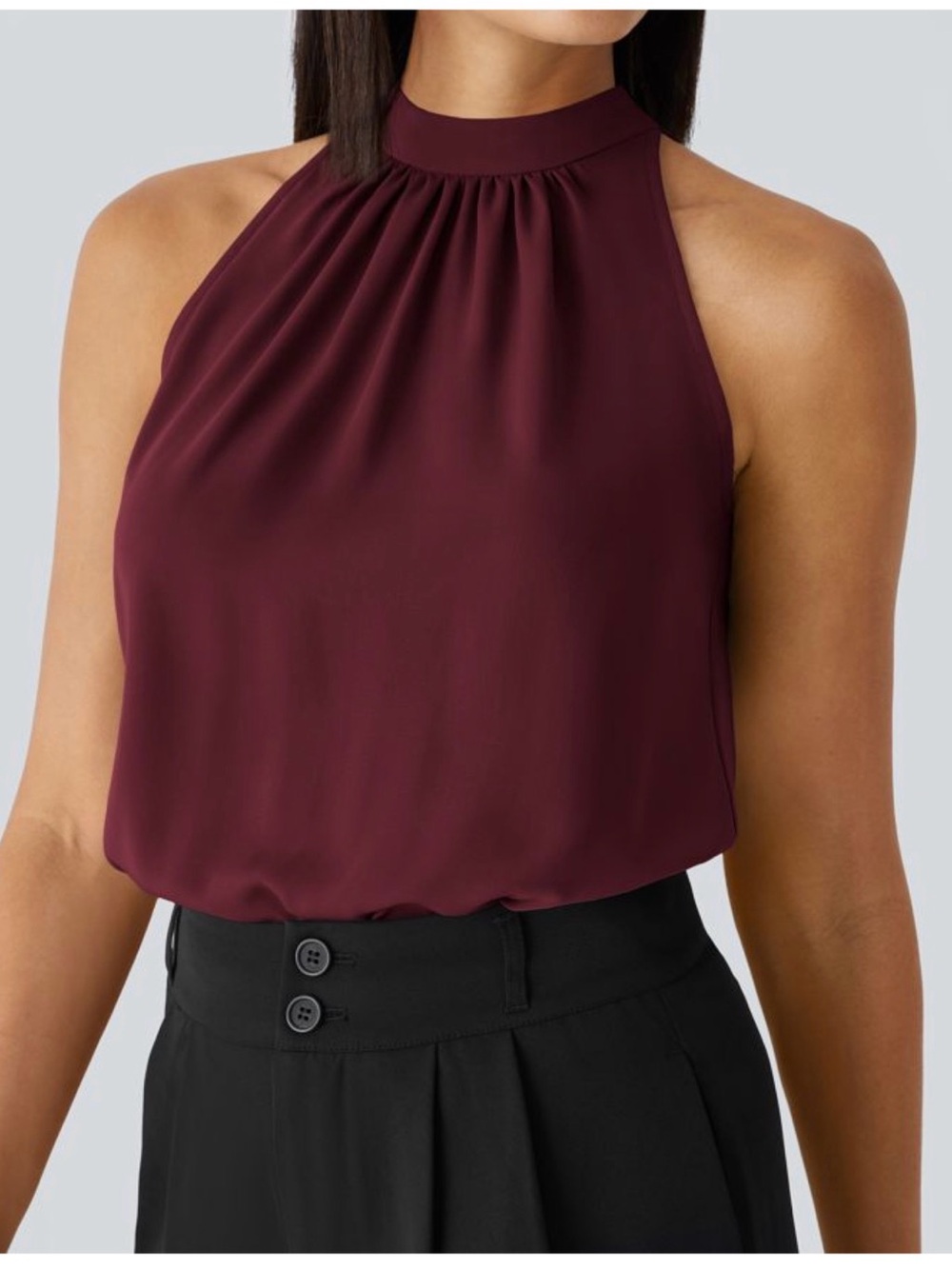 Halara  Gathered High-Neck Sleeveless Shell - Burgundy:Sangria